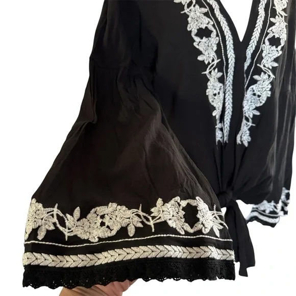 Lovestitch Black Embroidered Boho Tie-Front Top | L - Picture 4 of 11